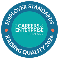 A circle with the logo for the Careers & Enterprise Company in the middle, and 'Employer Standards. Raising Quality 2026' around it.