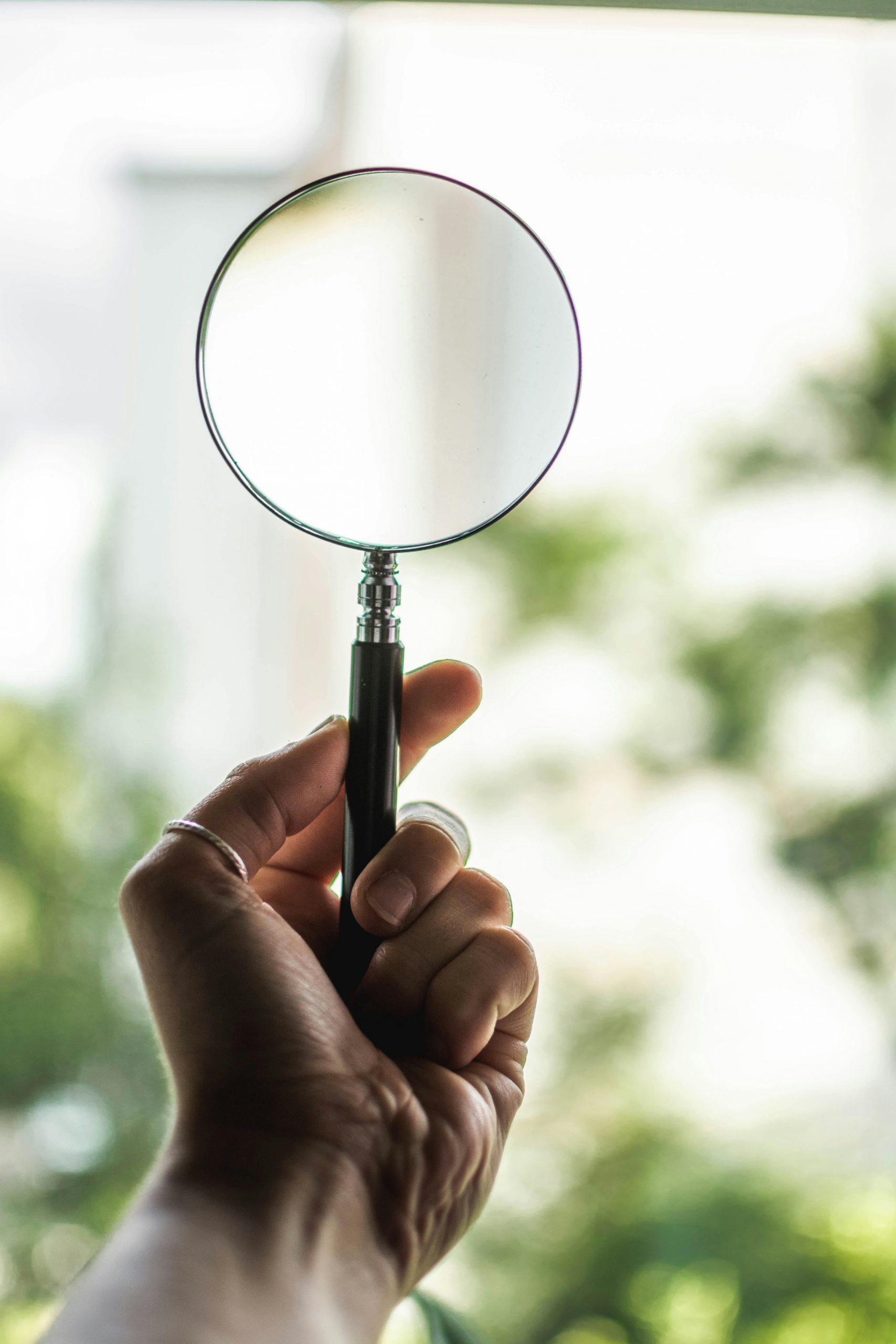 A hand holding up a magnifying glass.