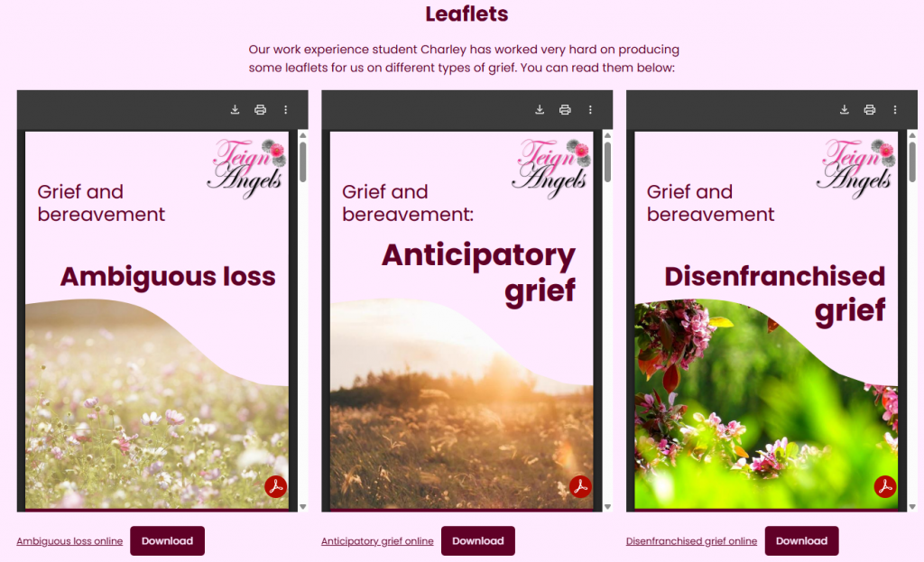 A screenshot of Charley's leaflets on our Bereavement & grief hub, on our website.